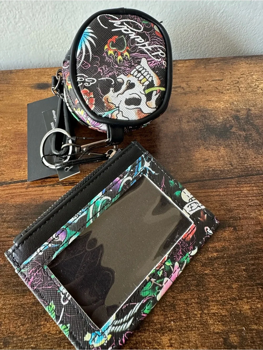 Ed Hardy 3 Piece Black Floral Tattoo Print Cardholder & Round Coin Pouch Set NWT